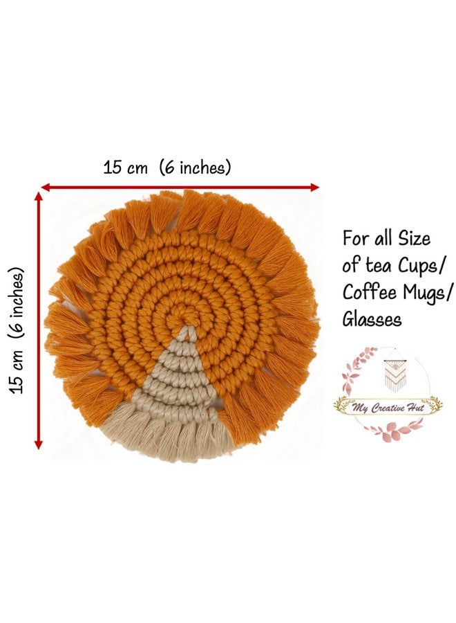 MY CREATIVE HUT My Creative Hut Macrame Set of 4 Round Coasters Bohemian Style, Handmade, More Absorbent, Traditional, Diwali Gifting, Multipurpose, Big Size (Mustard-Beige) - Image 2