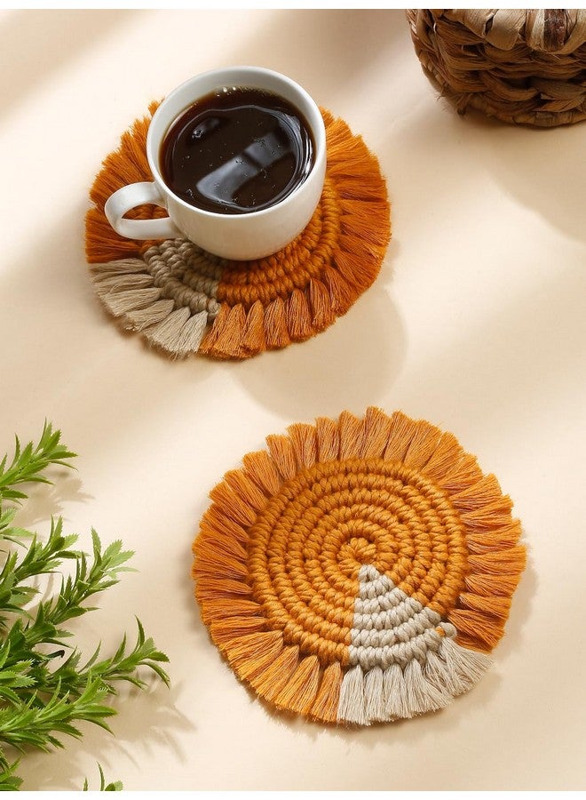 MY CREATIVE HUT My Creative Hut Macrame Set of 4 Round Coasters Bohemian Style, Handmade, More Absorbent, Traditional, Diwali Gifting, Multipurpose, Big Size (Mustard-Beige) - Image 4