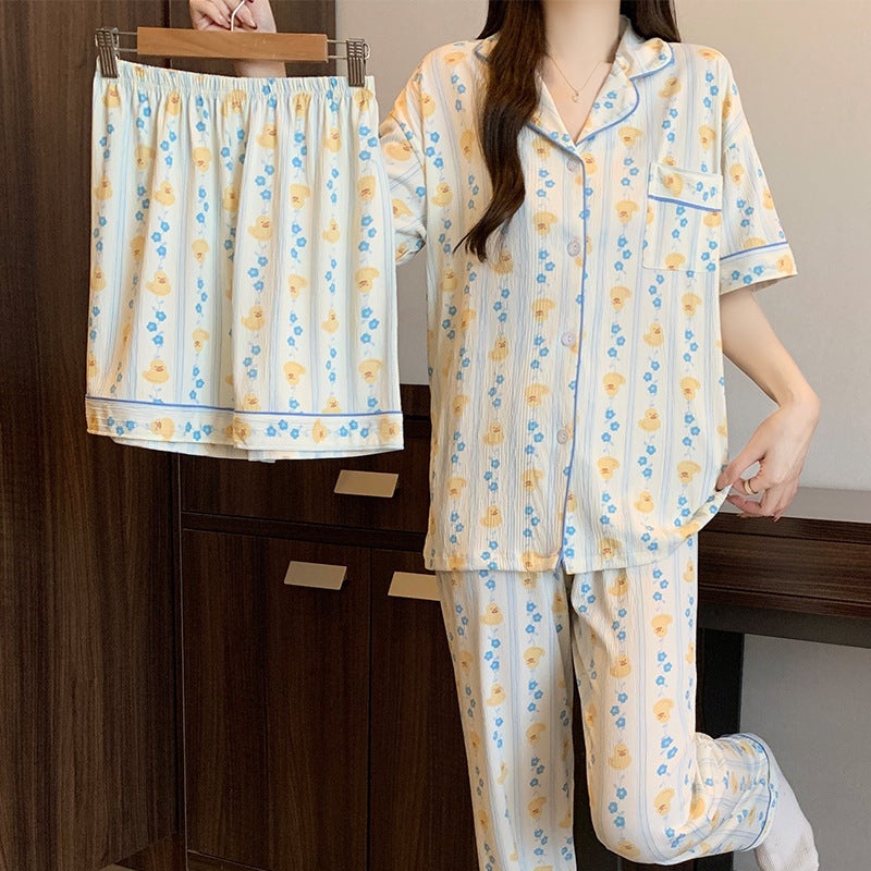 Korean-Style Fresh Striped Duckling Spring New Wrinkled Fabric Pajamas Women''s Home Wear Three-Piece Set Can Be Worn Outside Wholesale - Image 2