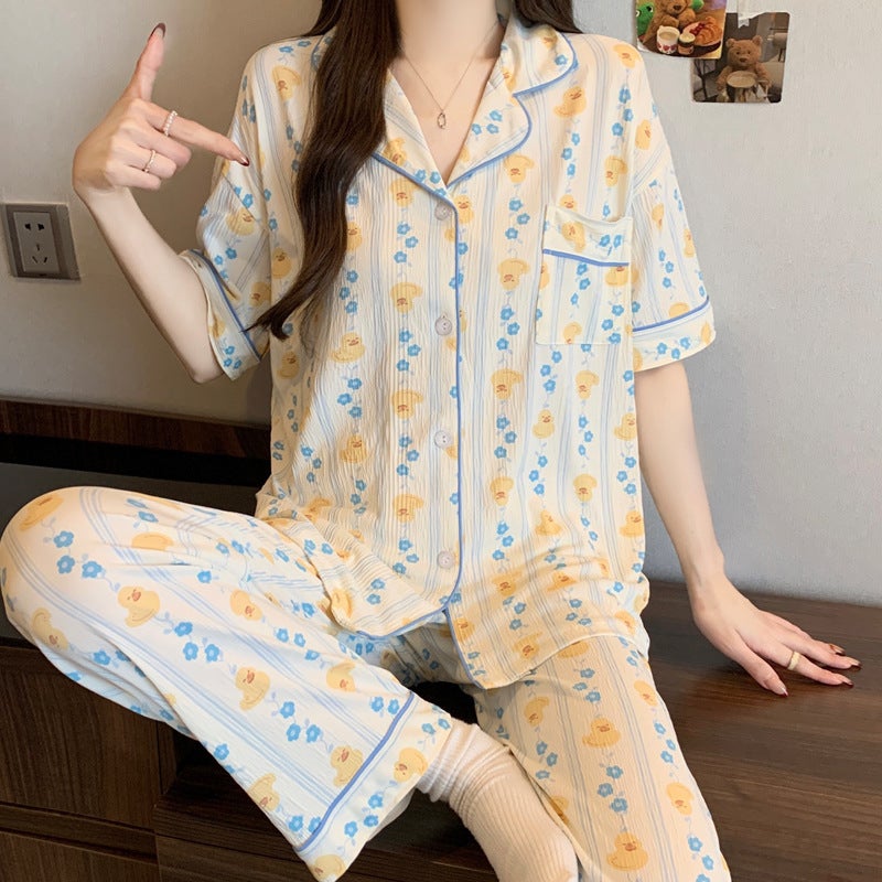 Korean-Style Fresh Striped Duckling Spring New Wrinkled Fabric Pajamas Women''s Home Wear Three-Piece Set Can Be Worn Outside Wholesale - Image 5