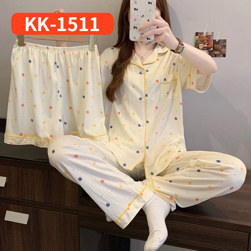 Korean-Style Fresh Striped Duckling Spring New Wrinkled Fabric Pajamas Women''s Home Wear Three-Piece Set Can Be Worn Outside Wholesale - Image 1