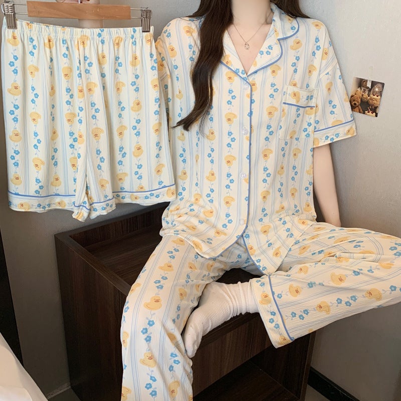 Korean-Style Fresh Striped Duckling Spring New Wrinkled Fabric Pajamas Women''s Home Wear Three-Piece Set Can Be Worn Outside Wholesale - Image 3