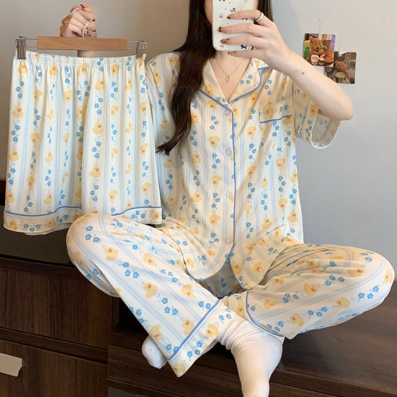 Korean-Style Fresh Striped Duckling Spring New Wrinkled Fabric Pajamas Women''s Home Wear Three-Piece Set Can Be Worn Outside Wholesale - Image 4