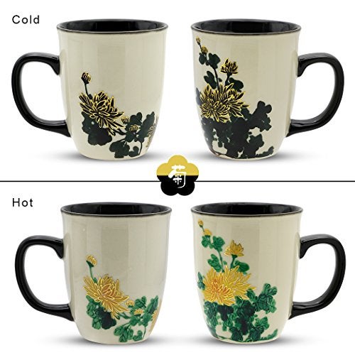 Asmwo Funny Ceramic Magic Heat Color Changing Art Coffee Tea Mug Gold Chrysanthemum Printing Porcelain Mugs for Women Personalized White Green Tea Cup 16 oz Large coffee Mugs for Mom Girl Grandma - Image 2