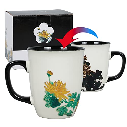 Asmwo Funny Ceramic Magic Heat Color Changing Art Coffee Tea Mug Gold Chrysanthemum Printing Porcelain Mugs for Women Personalized White Green Tea Cup 16 oz Large coffee Mugs for Mom Girl Grandma - Image 3