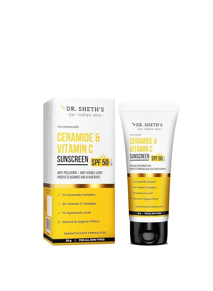 Dr. Sheth's Ceramide & Vitamin C Sunscreen SPF 50+ PA+++|One-step Routine For Healthy & Bright Skin|Non-Sticky|No White Cast INon-Greasy, Quick-Absorbing|For Women & Men|UVA UVB Sun Protection|30g