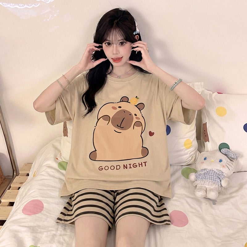 2026 New Style Pajamas for Women Summer Thin Short-Sleeved Cartoon Sweet Loose Plus Size 100kg Home Wear Set - Image 1