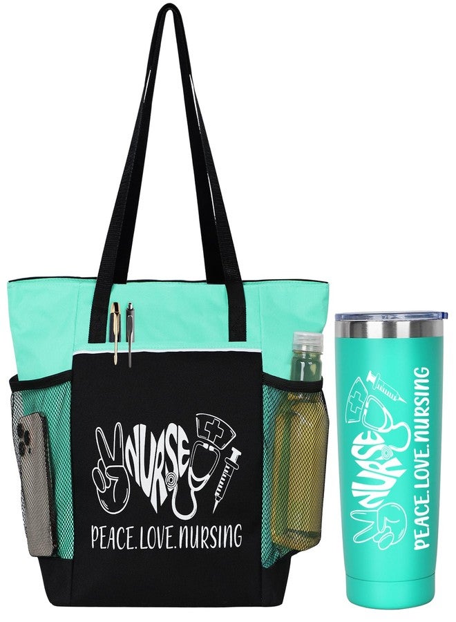 GiftPeak Nurse Appreciation Gift. 2 Pieces - Nurse Gifts for Women Includes Zippered Tote Bag and Stainless Steel Insulated Tumbler, Christmas Nurse Accessories for Work, Nurse Bag for Work(Green) - Image 1