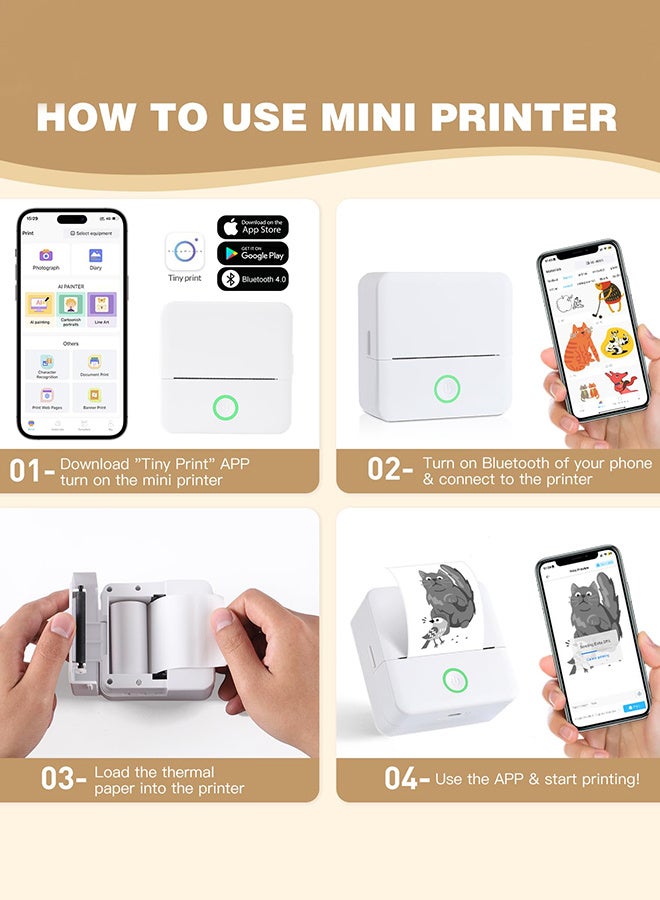 Mini Thermal Printer, Label Printer, Resolution 203 DPI, Direct Thermal Transfer Wireless Printer, Mini Mobile Photo Printer, USB Bluetooth Connection, with 1 Roll of Thermal Paper, Support Android - Image 4