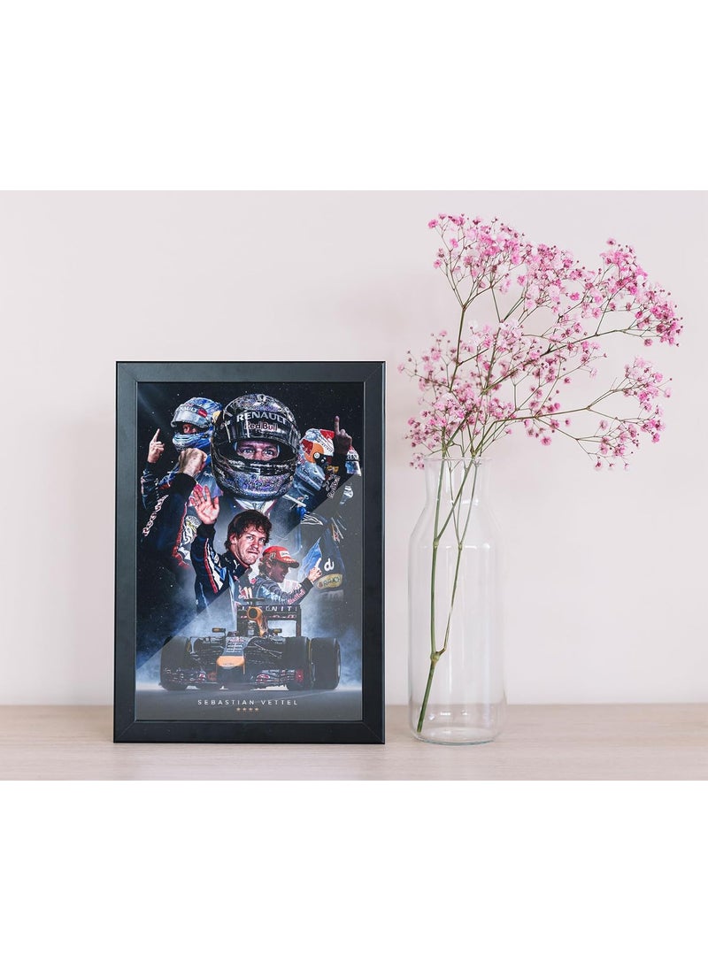 FRAMEO FRAMEO STORE Sebastian Vettel Redbull Racing Tribute Glass Frame Sebastian Vettel Redbull Legend wall art framed poster A4 size 8 X 12 Inches  - Image 2