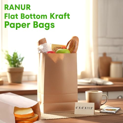 RANUR Large Square Bottom Or Flat Bottom Paper Bags Made Of Brown Fold Top Craft Paper,Size 6" X 4" X 11.5" (100,Count) - Image 3