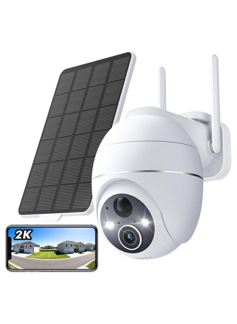 2K Wireless Outdoor WiFi Surveillance Camera with Solar Panel, 360° Rotation, Night Vision, Human PIR Detection, Two-Way Audio – White