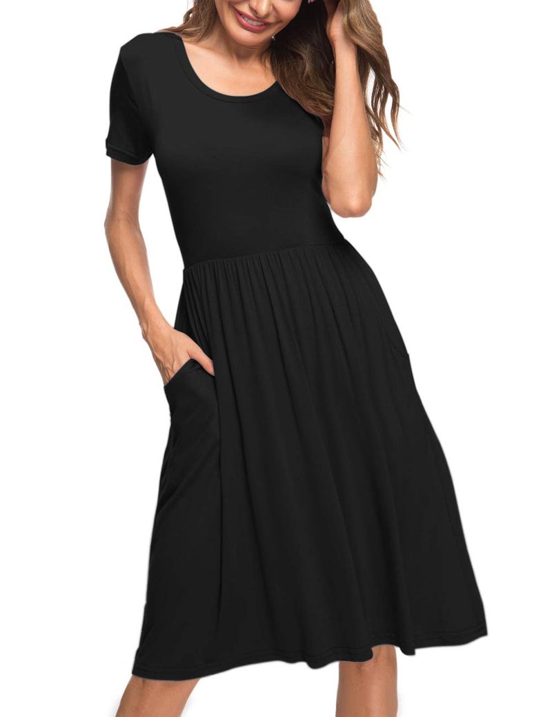AUSELILY Women's Short Sleeve Empire Waist Dress Pleated Loose Swing Knee Length Dresses with Pockets 2026 New Black L - Image 2
