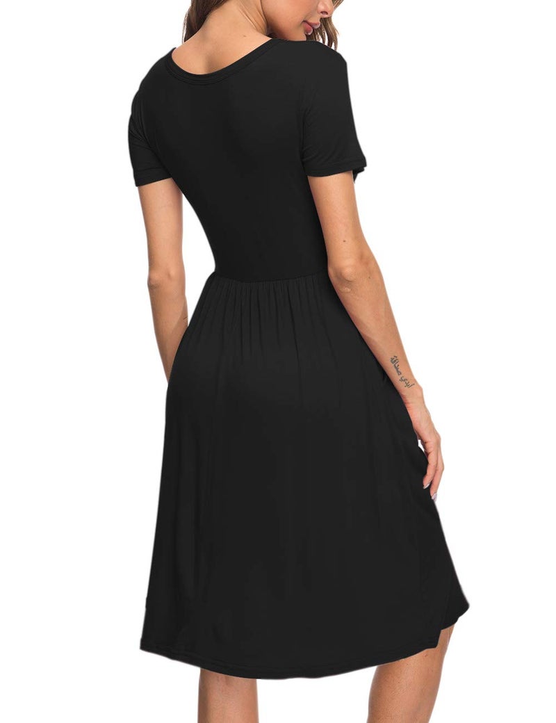AUSELILY Women's Short Sleeve Empire Waist Dress Pleated Loose Swing Knee Length Dresses with Pockets 2026 New Black L - Image 5
