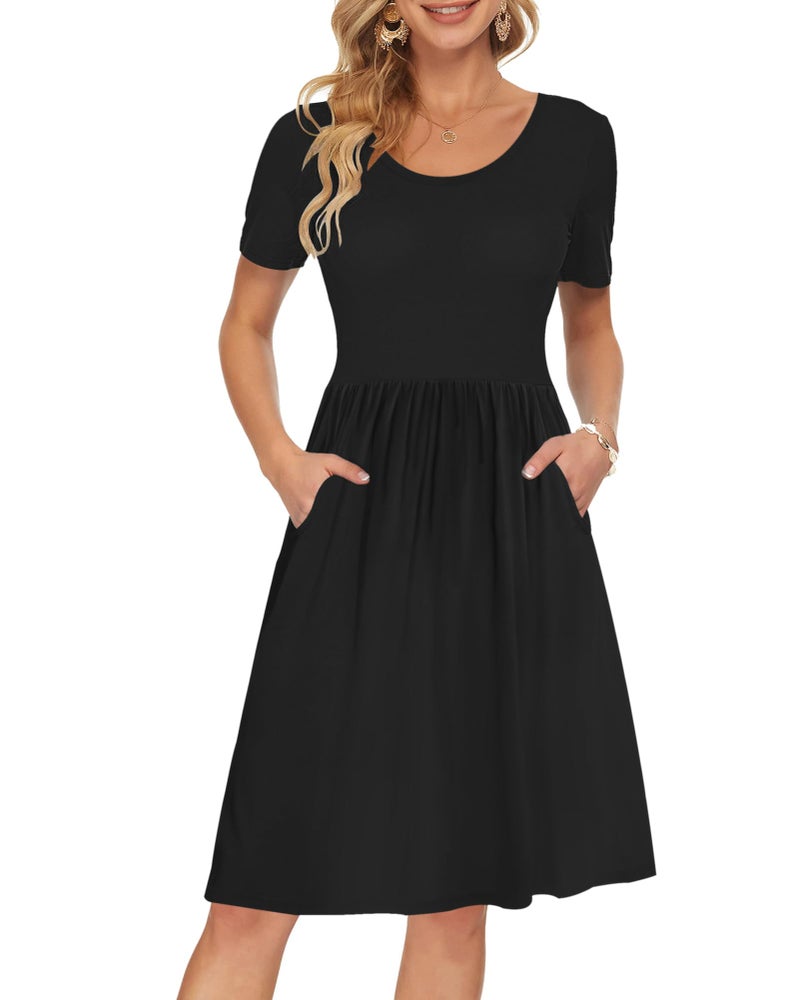 AUSELILY Women's Short Sleeve Empire Waist Dress Pleated Loose Swing Knee Length Dresses with Pockets 2026 New Black L - Image 1