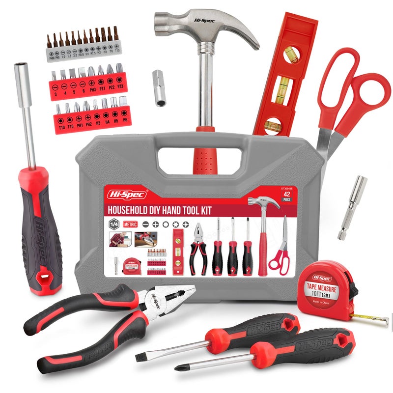 Hi-Spec 42pc Red Household DIY Small Tool Kit. Toolbox Set of Starter Basic Tools Kit for Home & Office - Image 1