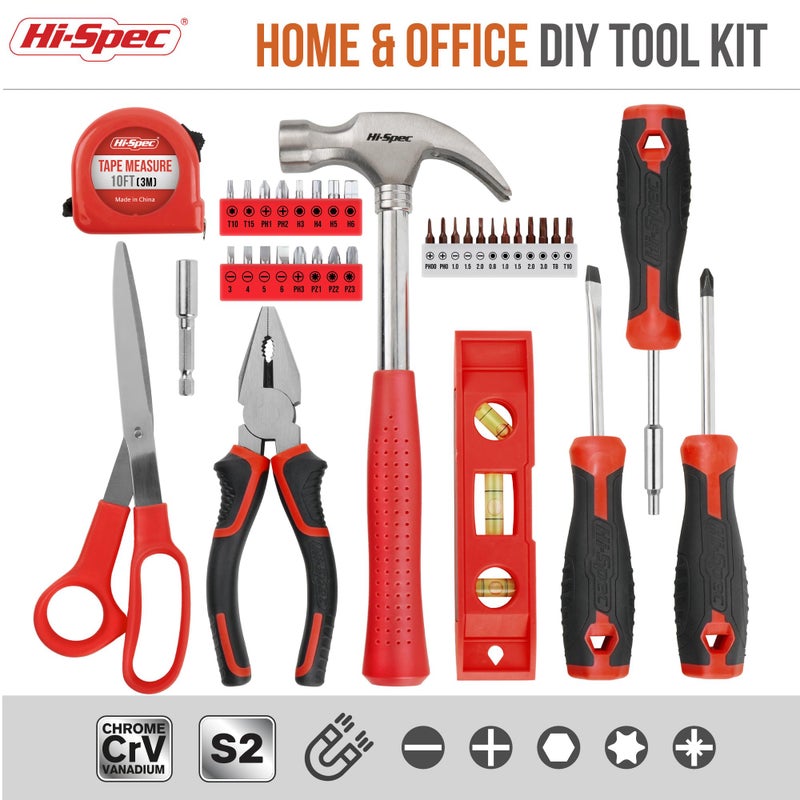 Hi-Spec 42pc Red Household DIY Small Tool Kit. Toolbox Set of Starter Basic Tools Kit for Home & Office - Image 2