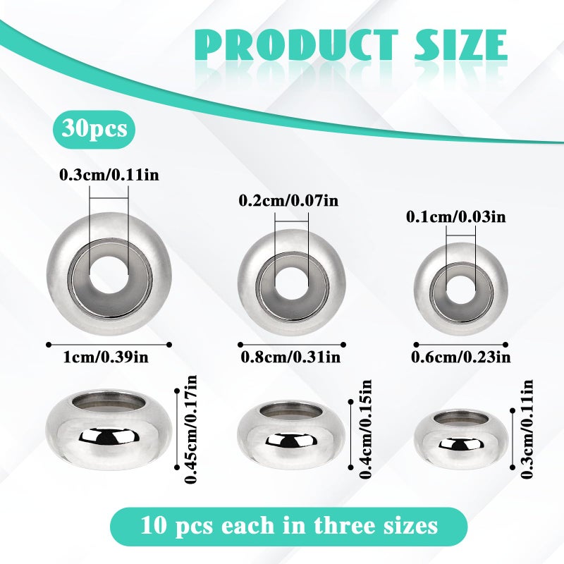 salbsever 30Pcs Stopper Beads For Charm Bracelets  304 Stainless Steel Spacer Beads Adjustable Beads Slider Metal Loose Beads 6/8/10Mm With Insert Rubber Locating Rings For Diy Bracelets Necklace Jewelry Making - Image 2