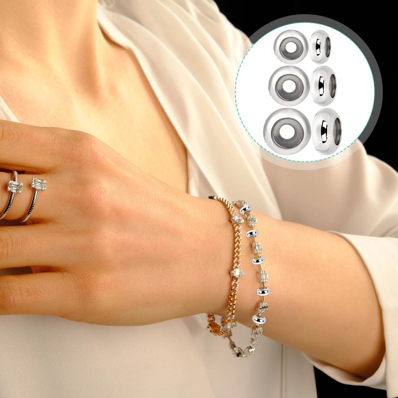 salbsever 30Pcs Stopper Beads For Charm Bracelets  304 Stainless Steel Spacer Beads Adjustable Beads Slider Metal Loose Beads 6/8/10Mm With Insert Rubber Locating Rings For Diy Bracelets Necklace Jewelry Making - Image 3