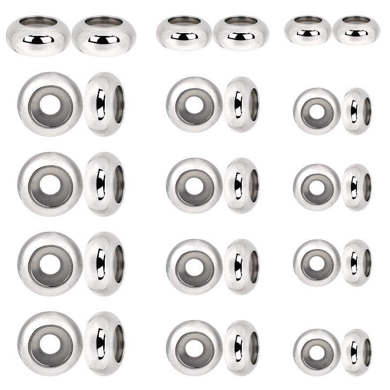 salbsever 30Pcs Stopper Beads For Charm Bracelets  304 Stainless Steel Spacer Beads Adjustable Beads Slider Metal Loose Beads 6/8/10Mm With Insert Rubber Locating Rings For Diy Bracelets Necklace Jewelry Making - Image 1