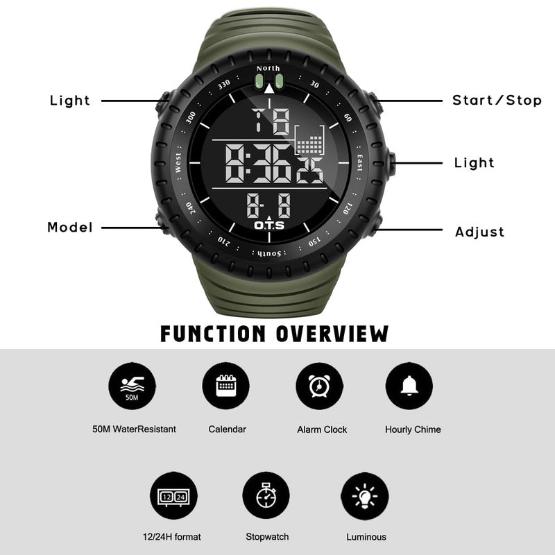 PALADA Men's Digital Sports Watch Waterproof Tactical Watch with LED Backlight Watches for Men (Army Green) - Image 4