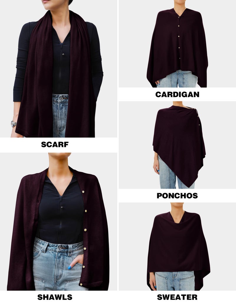 PULI Women's Versatile Knitted Shawls Scarf Poncho Sweater with Buttons Lightweight Spring Summer Fall Wraps burgundy - Image 3