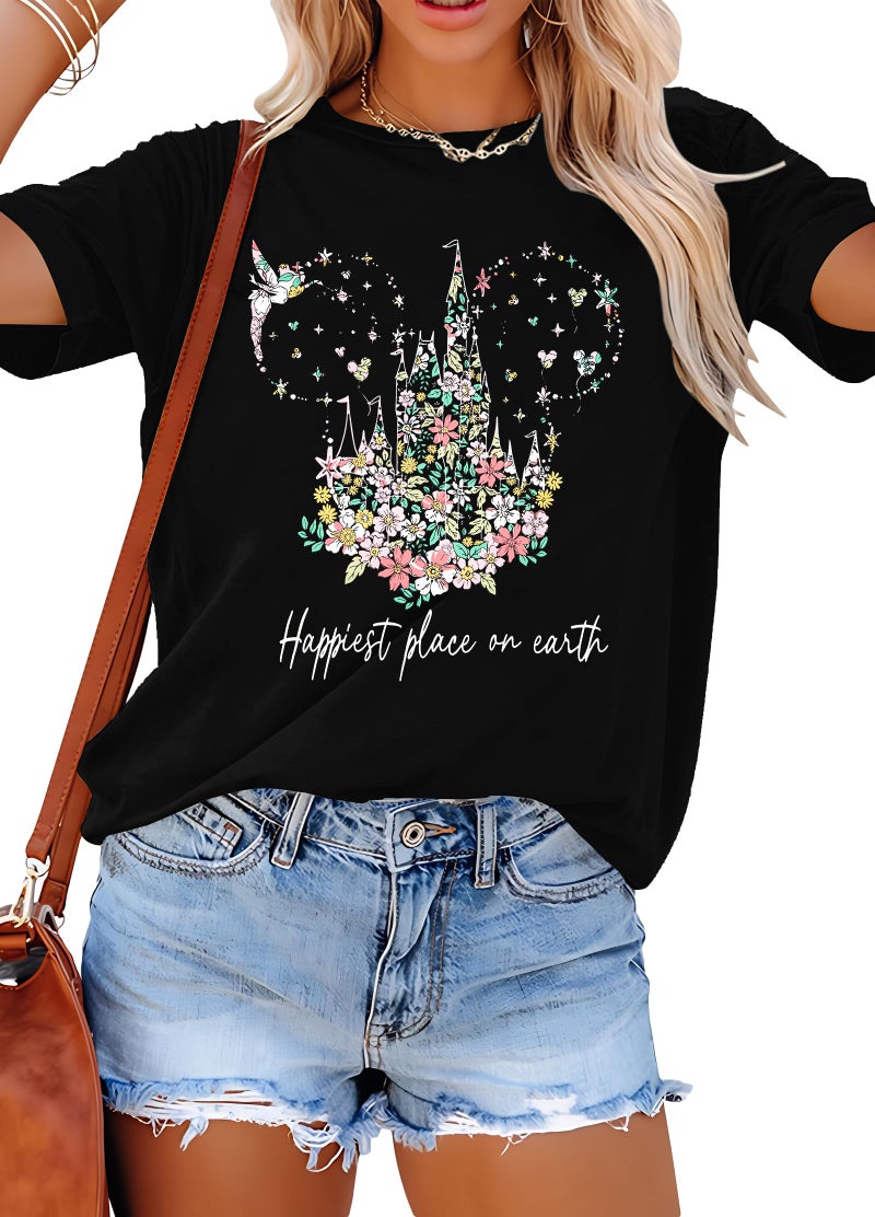 VILOVE Magical Shirt for Women Believe in Magic Shirts Cute Graphic Printed Tee Family Vacation Short Sleeve Tee Black C - Image 1