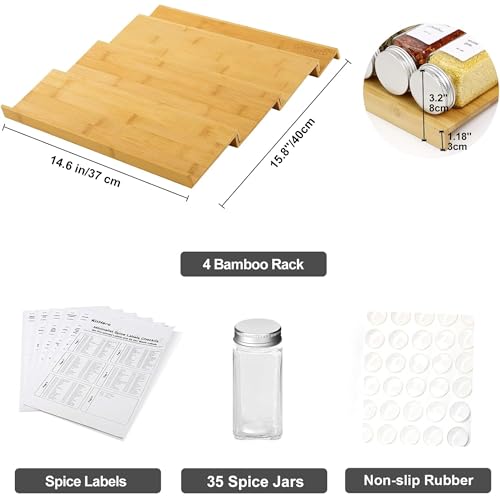 KitHero Spice Drawer Organizer with 35 Spice Jars,216 Labels,25 Non-slip Rubber, Bamboo 4 Tier Seasoning Rack Tray Insert for Kitchen Drawers,Cabinets,Countertop,14.6" Wide x 15.8" Deep - Image 3