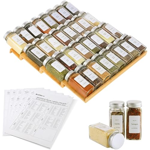 KitHero Spice Drawer Organizer with 35 Spice Jars,216 Labels,25 Non-slip Rubber, Bamboo 4 Tier Seasoning Rack Tray Insert for Kitchen Drawers,Cabinets,Countertop,14.6" Wide x 15.8" Deep - Image 1