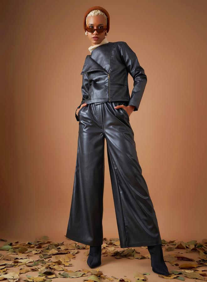 SASSAFRAS Leather Look Wrap Front Biker Jacket by Styli - Image 1