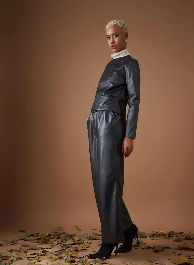 SASSAFRAS Leather Look Wrap Front Biker Jacket by Styli