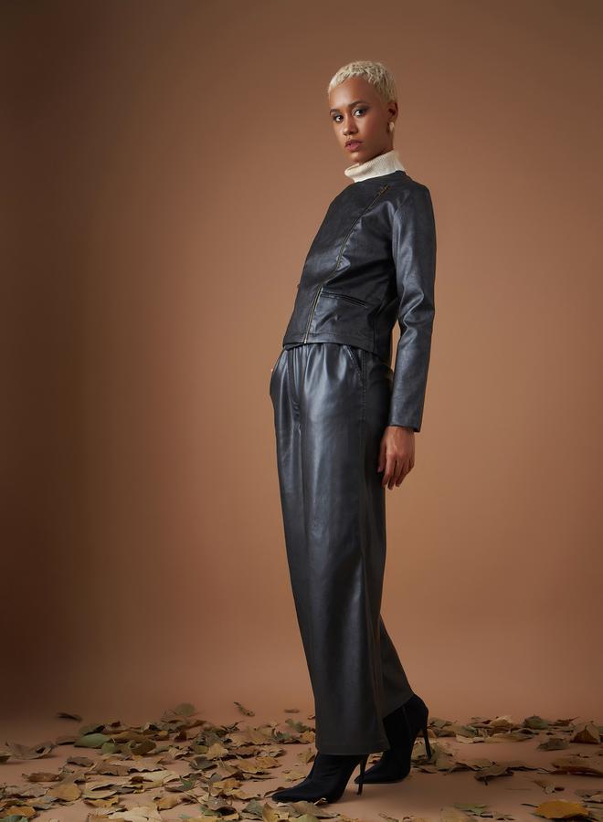 SASSAFRAS Leather Look Wrap Front Biker Jacket by Styli - Image 3