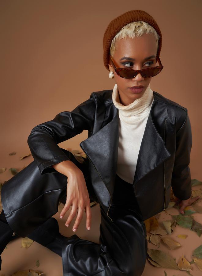 SASSAFRAS Leather Look Wrap Front Biker Jacket by Styli - Image 2