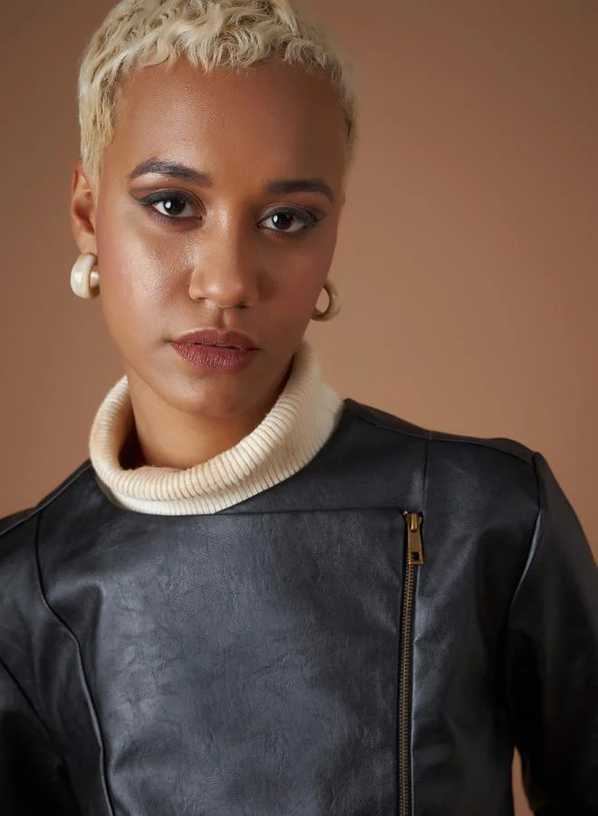 SASSAFRAS Leather Look Wrap Front Biker Jacket by Styli