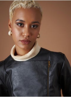 SASSAFRAS Leather Look Wrap Front Biker Jacket by Styli  - Image 4