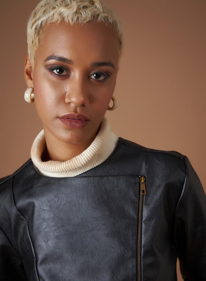 SASSAFRAS Leather Look Wrap Front Biker Jacket by Styli - Image 4