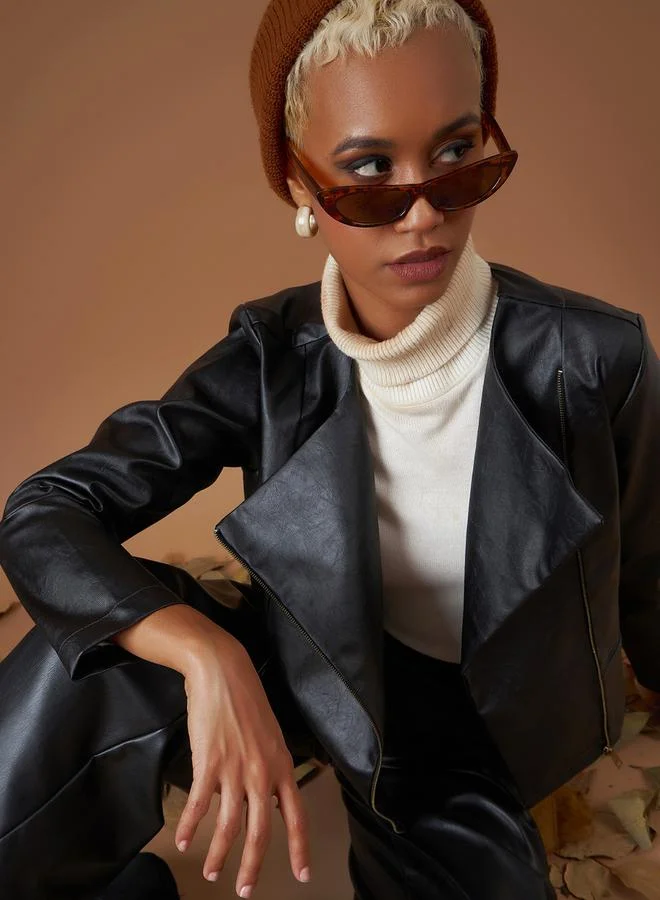 SASSAFRAS Leather Look Wrap Front Biker Jacket by Styli
