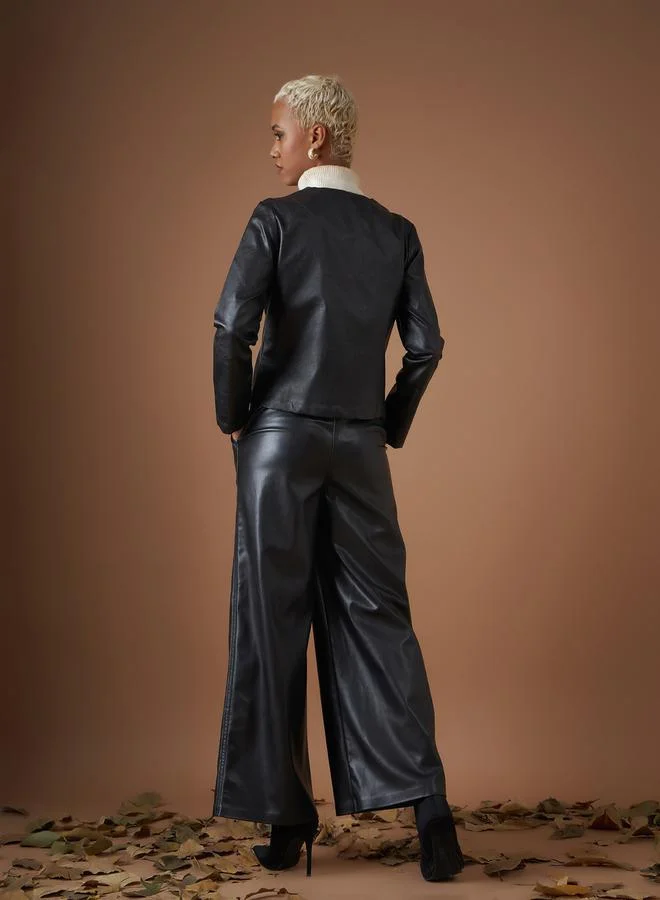 SASSAFRAS Leather Look Wrap Front Biker Jacket by Styli