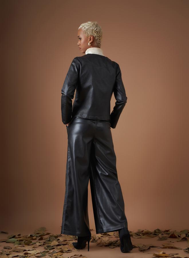 SASSAFRAS Leather Look Wrap Front Biker Jacket by Styli - Image 5