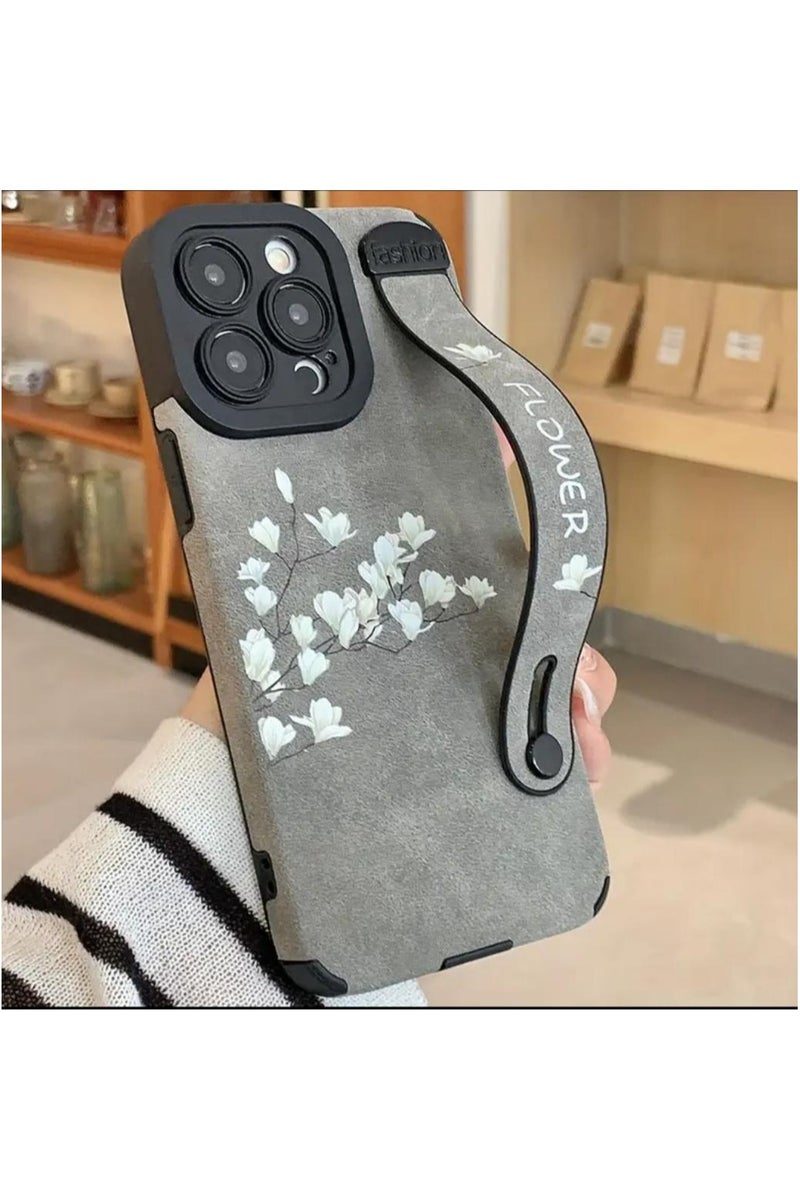 Iphone 13 Pro Max Cover, Magnolia Flower Colorful Faux Leather Wristband Anti-Fall Mobile Phone Case Suitable for Apple 13 Pro Max, Gray Color.  - Image 2