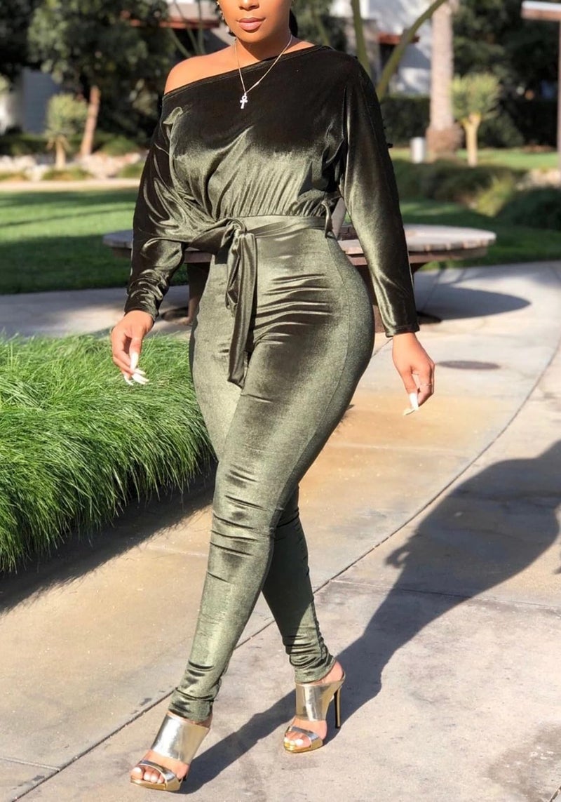 LKOUS Green Women's Velvet Off Shoulder Jumpsuit Long Sleeve Bodycon Clubwear with Belt - Image 5