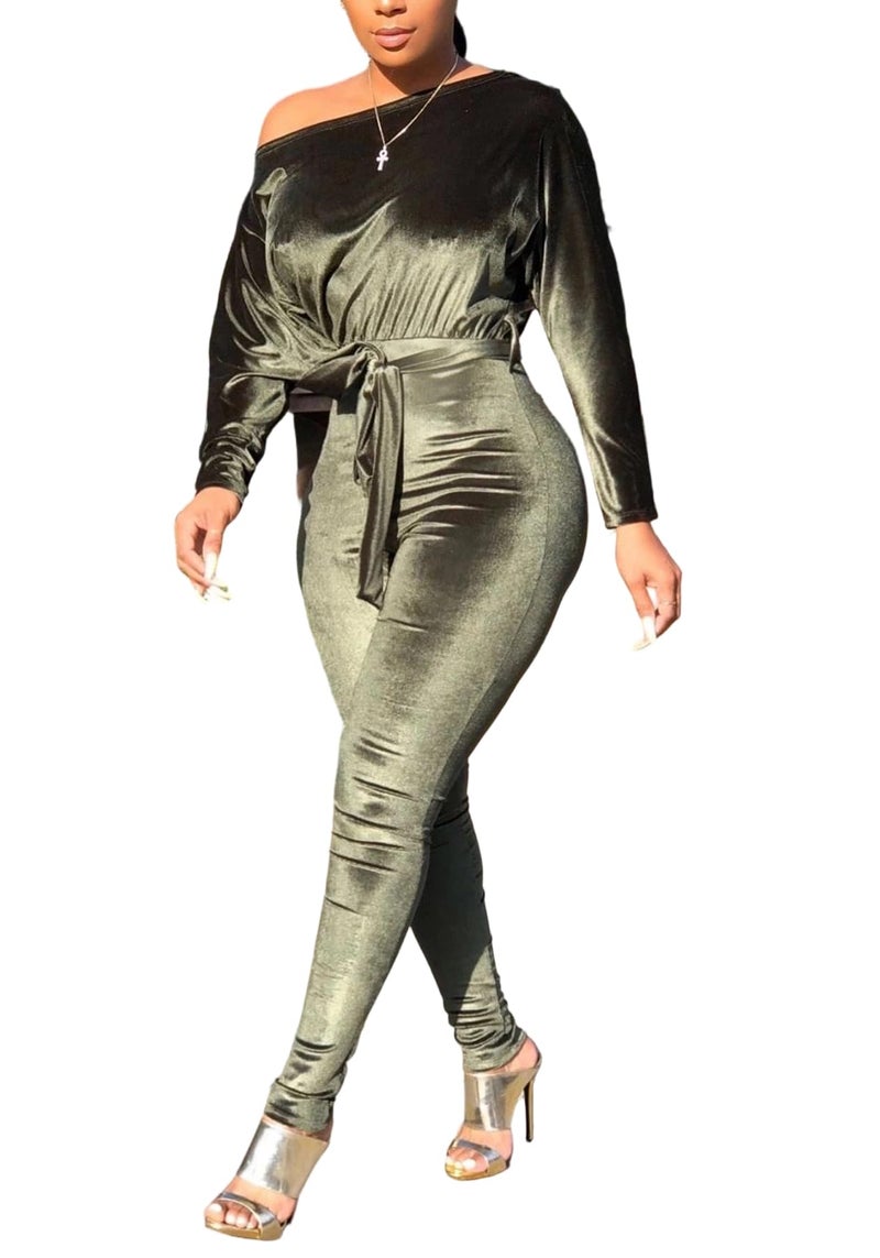 LKOUS Green Women's Velvet Off Shoulder Jumpsuit Long Sleeve Bodycon Clubwear with Belt - Image 1