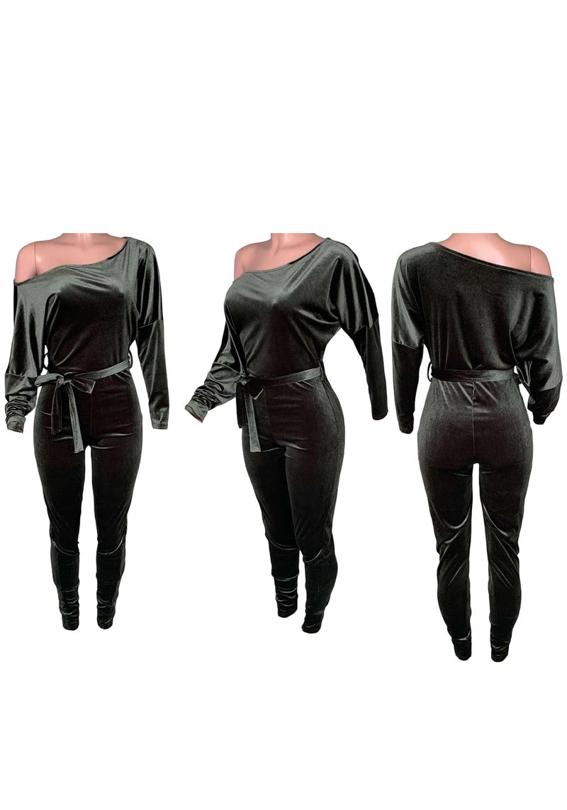LKOUS Green Women's Velvet Off Shoulder Jumpsuit Long Sleeve Bodycon Clubwear with Belt - Image 3