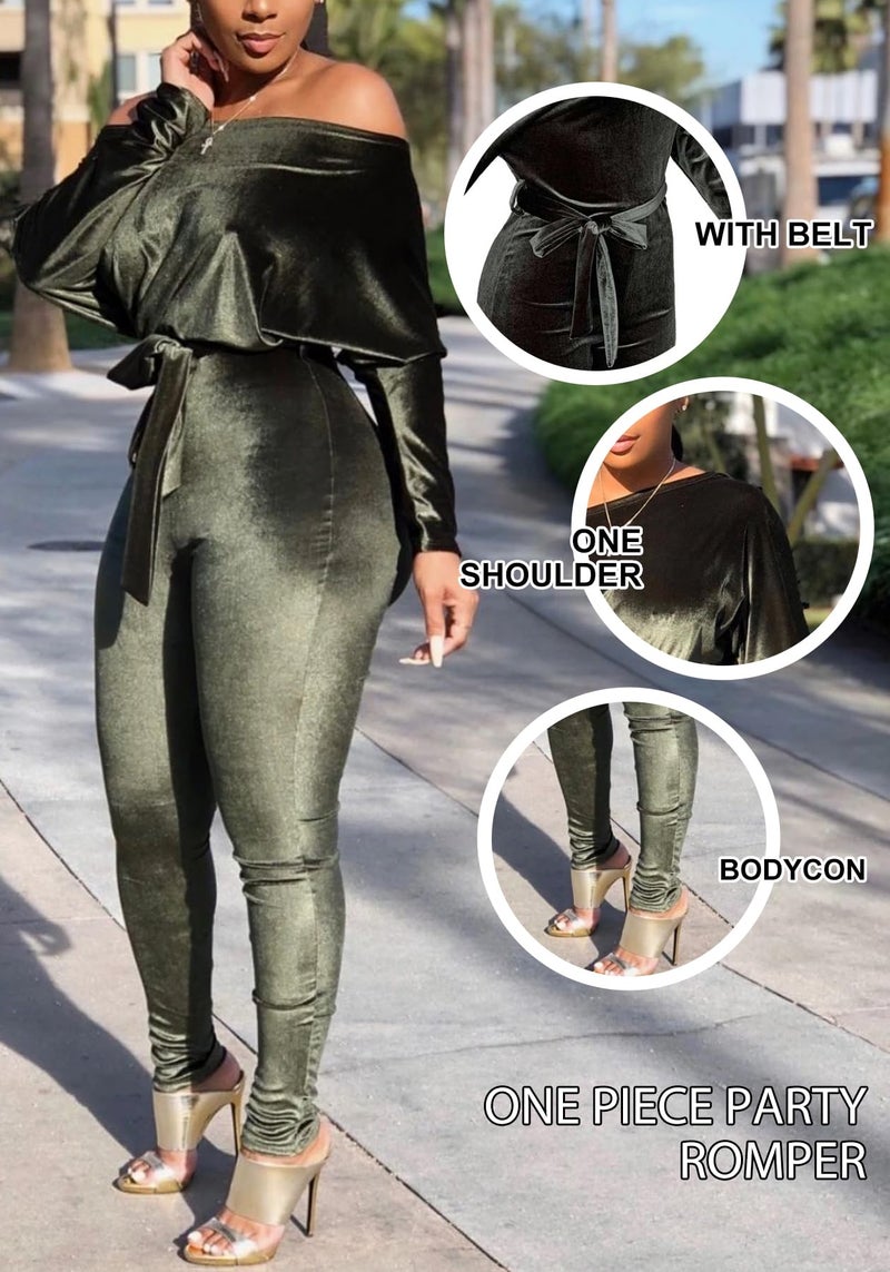 LKOUS Green Women's Velvet Off Shoulder Jumpsuit Long Sleeve Bodycon Clubwear with Belt - Image 2