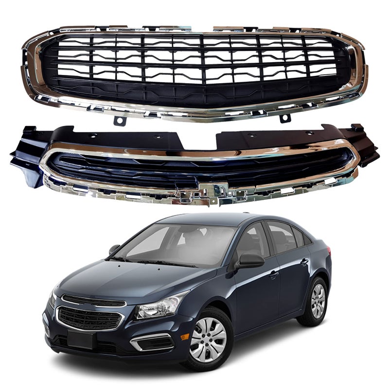 PartsFlow Grille Compatible With 2015 Cruze For 2016 Chevrolet Chevy Cruze Limited 2pcs Front Upper Lower Black WChrome Grill