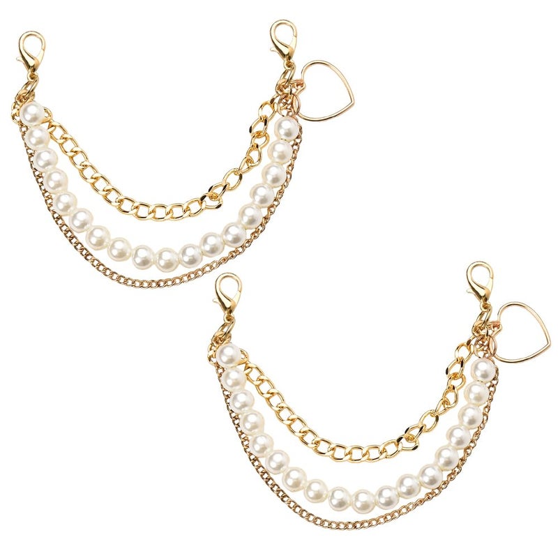 Sisadodo Pearl Gold Shoe Chains Charms Shoe Decoration Accessories Pearl Shoe Charms Chains Shoelaces Chains 2 Pcs Three Layer Shoe Charms for Boots Heel Chains Bag Chains for Handbags Charms - Image 1