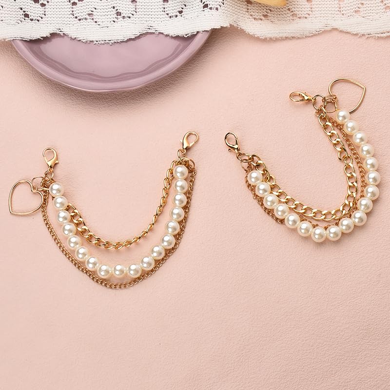 Sisadodo Pearl Gold Shoe Chains Charms Shoe Decoration Accessories Pearl Shoe Charms Chains Shoelaces Chains 2 Pcs Three Layer Shoe Charms for Boots Heel Chains Bag Chains for Handbags Charms - Image 4