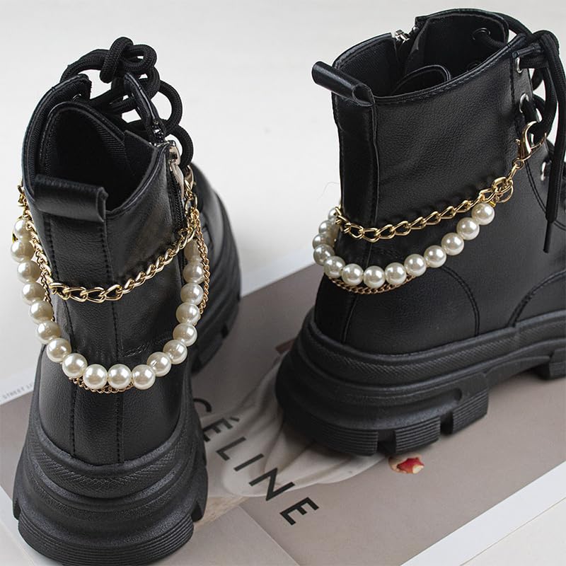 Sisadodo Pearl Gold Shoe Chains Charms Shoe Decoration Accessories Pearl Shoe Charms Chains Shoelaces Chains 2 Pcs Three Layer Shoe Charms for Boots Heel Chains Bag Chains for Handbags Charms - Image 3