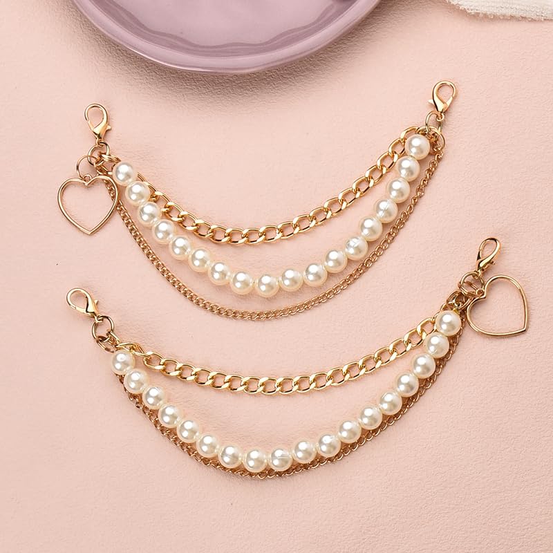 Sisadodo Pearl Gold Shoe Chains Charms Shoe Decoration Accessories Pearl Shoe Charms Chains Shoelaces Chains 2 Pcs Three Layer Shoe Charms for Boots Heel Chains Bag Chains for Handbags Charms - Image 5