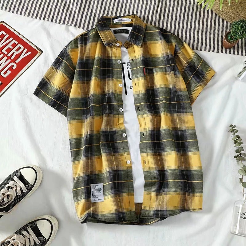 South Korea vintage leaves pineapple floral couple's short-sleeved shirt summer versatile men's and women's same Beach seaside shirt - Image 1